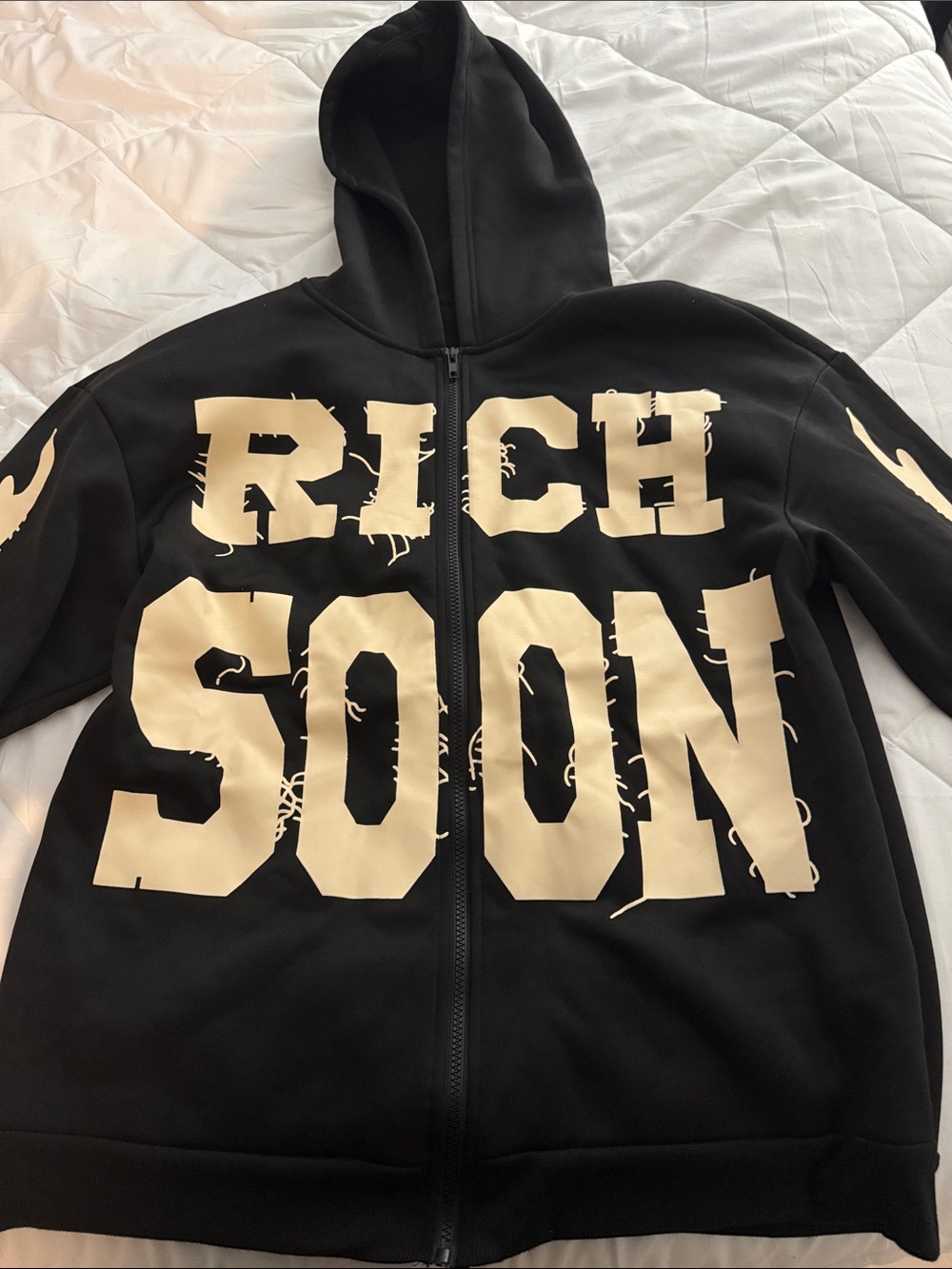 Black 'RICH SOON' Zip Hoodie Jacket - Unbranded